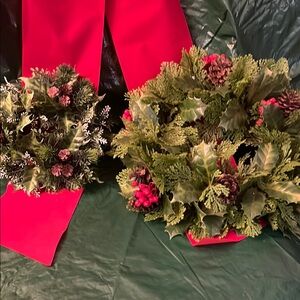 Festive Green and Red Holiday Candle Ring. Set of Two.